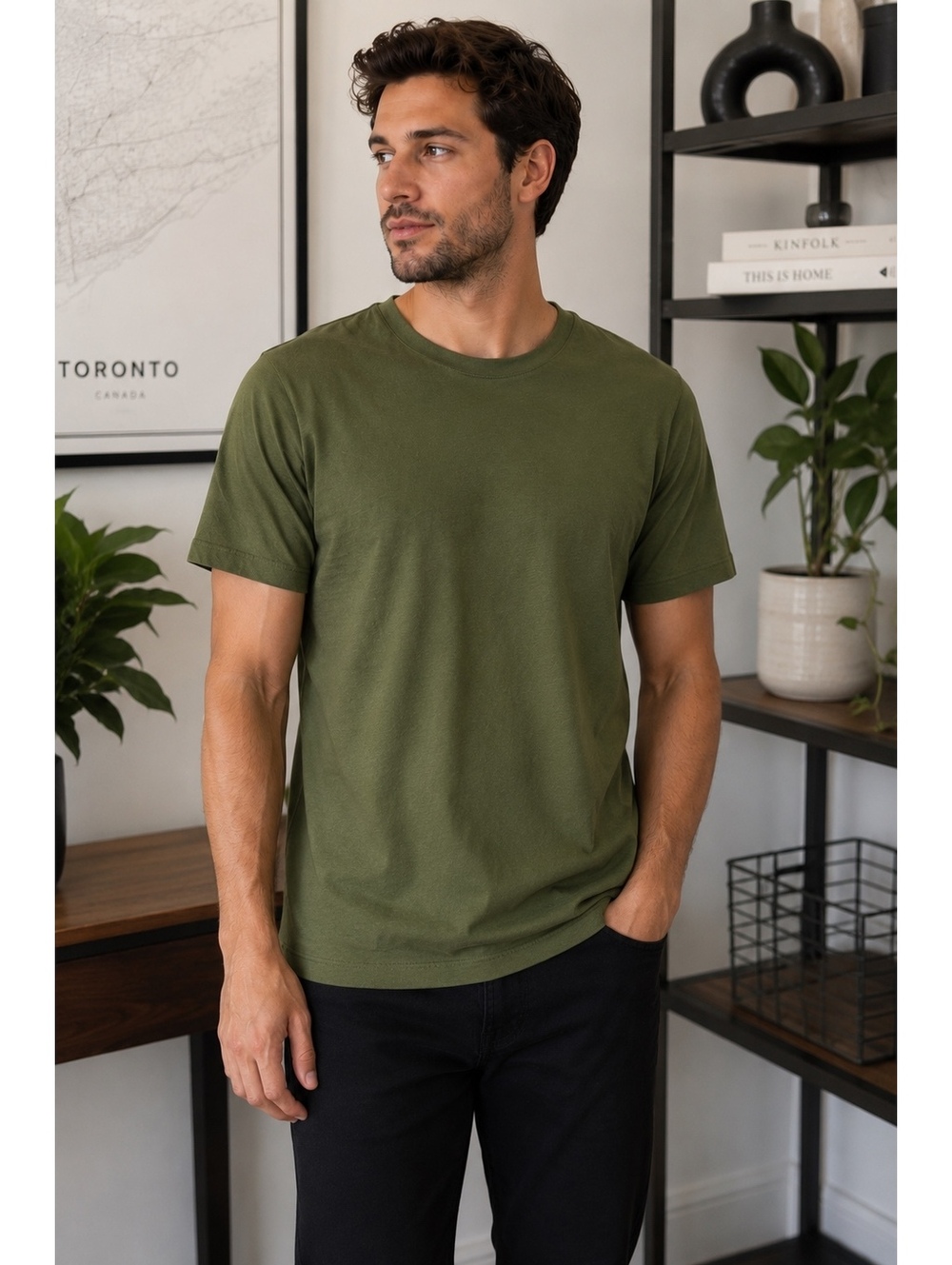 Club Monaco Men’s Large Dark Green 100% Cotton Crew Neck T-Shirt Casual Tee
